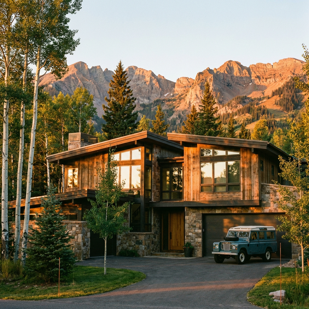 Modern wood and stone mountain home with a vintage blue SUV in the driveway.